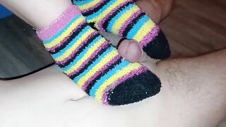 Cumming on her warm, fluffy rainbow socks - Jake & Cassandra
