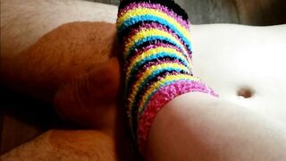 Cumming on her warm, fluffy rainbow socks - Jake & Cassandra