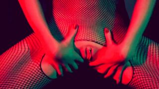 Hot chick sticks her pretty pussy in your face while jerking off in a fishnet bodystocking