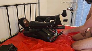Latex girl in heels and bound on bed got 3 holes filled and 2 massive orgasms and a cumshot on her face!