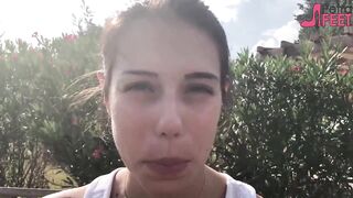 Smoking on bench with hot teen