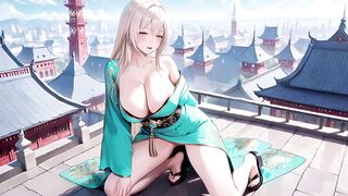 Emerald Kimono Queen! Languidly Sprawled on the Sun-drenched Bedroom Bed, She Gazes Back with a Sleepy Allure