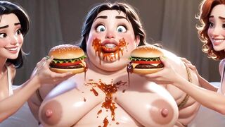 Obese Ugly Slave Covered in Food - Humiliated by Gorgeous Mistresses