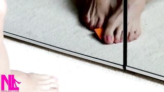Barefoot Footplaying with a Credit Card in Lingerie