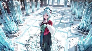 Ice Throne! Silver-haired Mage in Red-green Gown Kneeling, Blue-haired Partner Teasing in Realm!