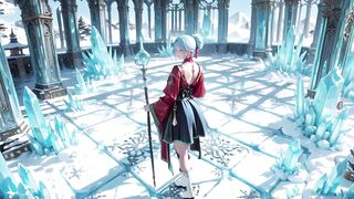 Ice Throne! Silver-haired Mage in Red-green Gown Kneeling, Blue-haired Partner Teasing in Realm!