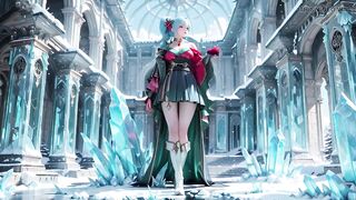 Ice Throne! Silver-haired Mage in Red-green Gown Kneeling, Blue-haired Partner Teasing in Realm!