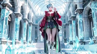 Ice Throne! Silver-haired Mage in Red-green Gown Kneeling, Blue-haired Partner Teasing in Realm!