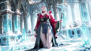 Ice Throne! Silver-haired Mage in Red-green Gown Kneeling, Blue-haired Partner Teasing in Realm!