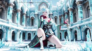 Ice Throne! Silver-haired Mage in Red-green Gown Kneeling, Blue-haired Partner Teasing in Realm!