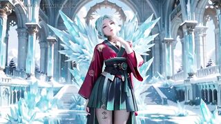Ice Throne! Silver-haired Mage in Red-green Gown Kneeling, Blue-haired Partner Teasing in Realm!