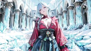 Ice Throne! Silver-haired Mage in Red-green Gown Kneeling, Blue-haired Partner Teasing in Realm!