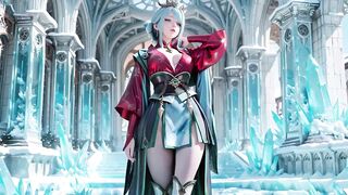 Ice Throne! Silver-haired Mage in Red-green Gown Kneeling, Blue-haired Partner Teasing in Realm!