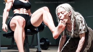 Elderly Granny Worshipping Muscular Domme Feet in Gym