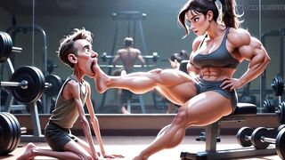Muscular Woman Humiliates Skinny Man - Foot Worship Domination