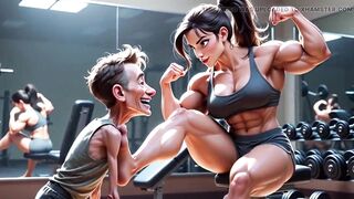 Muscular Woman Humiliates Skinny Man - Foot Worship Domination