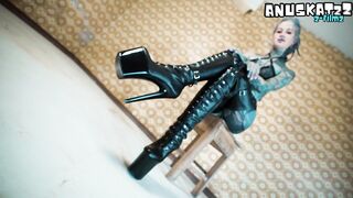 Pierced & Tattooed Leather Goddess – Straddling the Big Black Chair Dildo, Heels, Ass Stretched to the Limit